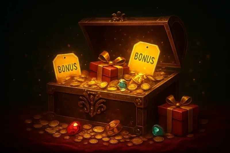 Golden treasure chest bursting with coins, gems, and bonus gifts