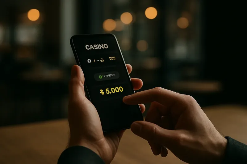 Man typing on smartphone with casino app in evening cafe