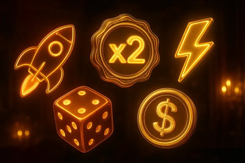 Glowing instant game icons with rocket, dice, coin, and lightning