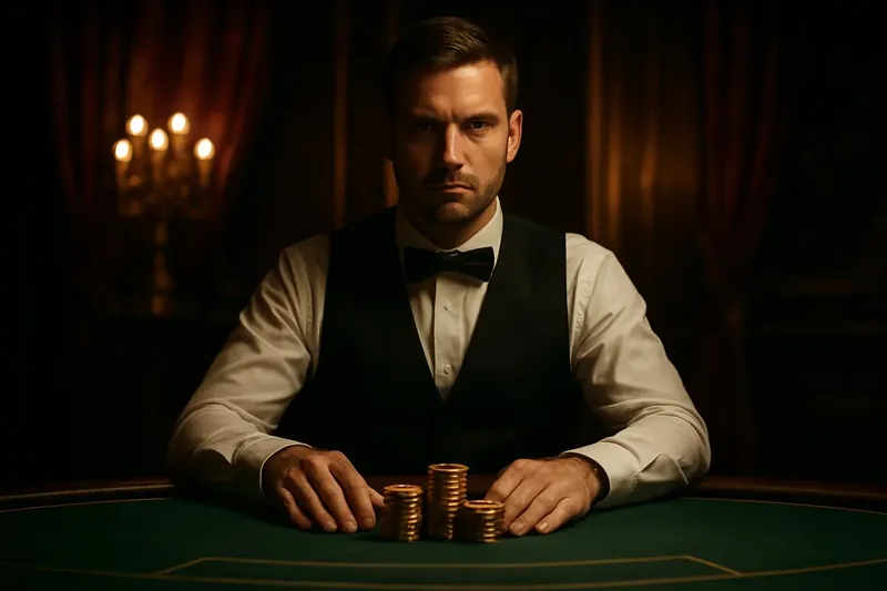 Professional dealer at green felt live casino table with golden chips