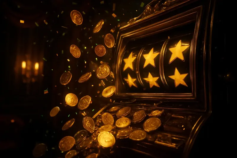 Golden coins raining over winning slot screen with neon confetti